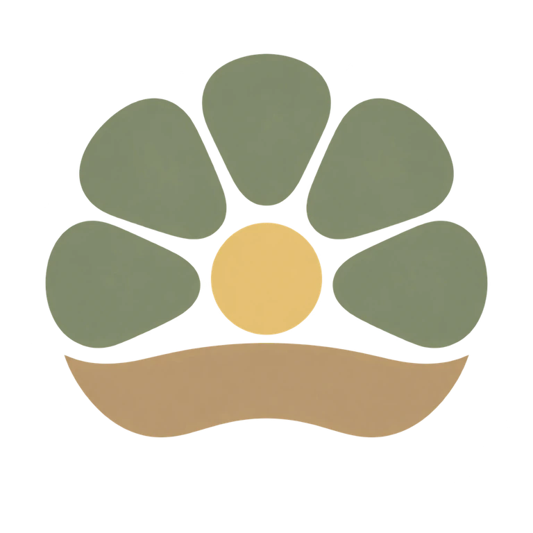 NinioWorks emblem: olive daisy petals, a honey center, and a wavy sand-colored earth base
